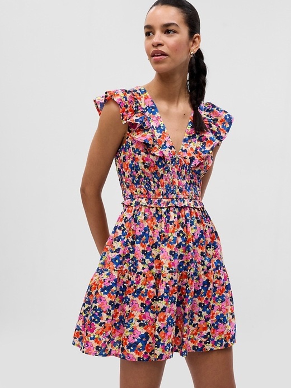 Gap Cotton Ruffle Smocked Waist V Neck Mini Dress | Multi Color Floral | S